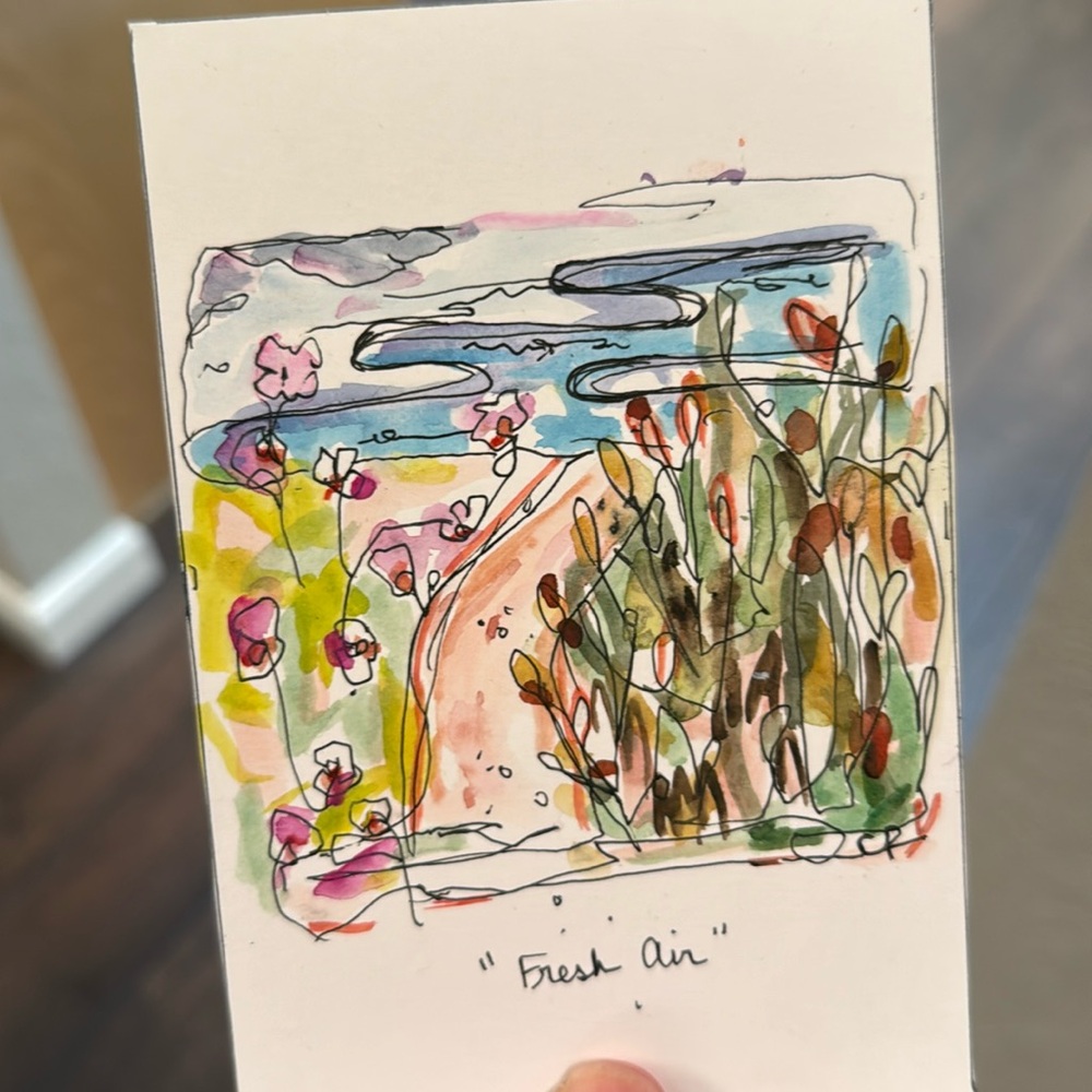 Original Watercolor Paint & Pen Art - Floral Beach Sand Dune Walk - Road Trip